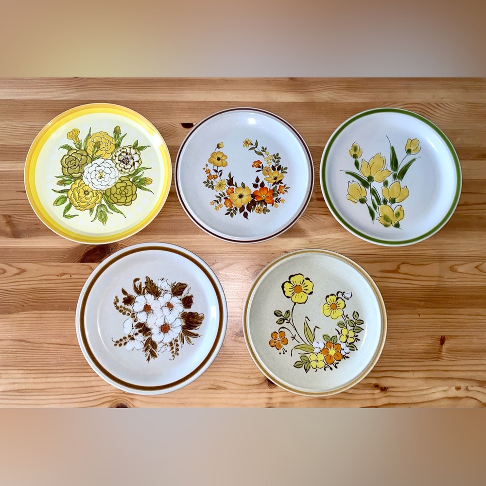 Set of 5 mismatched floral warm colors stoneware dinner plates